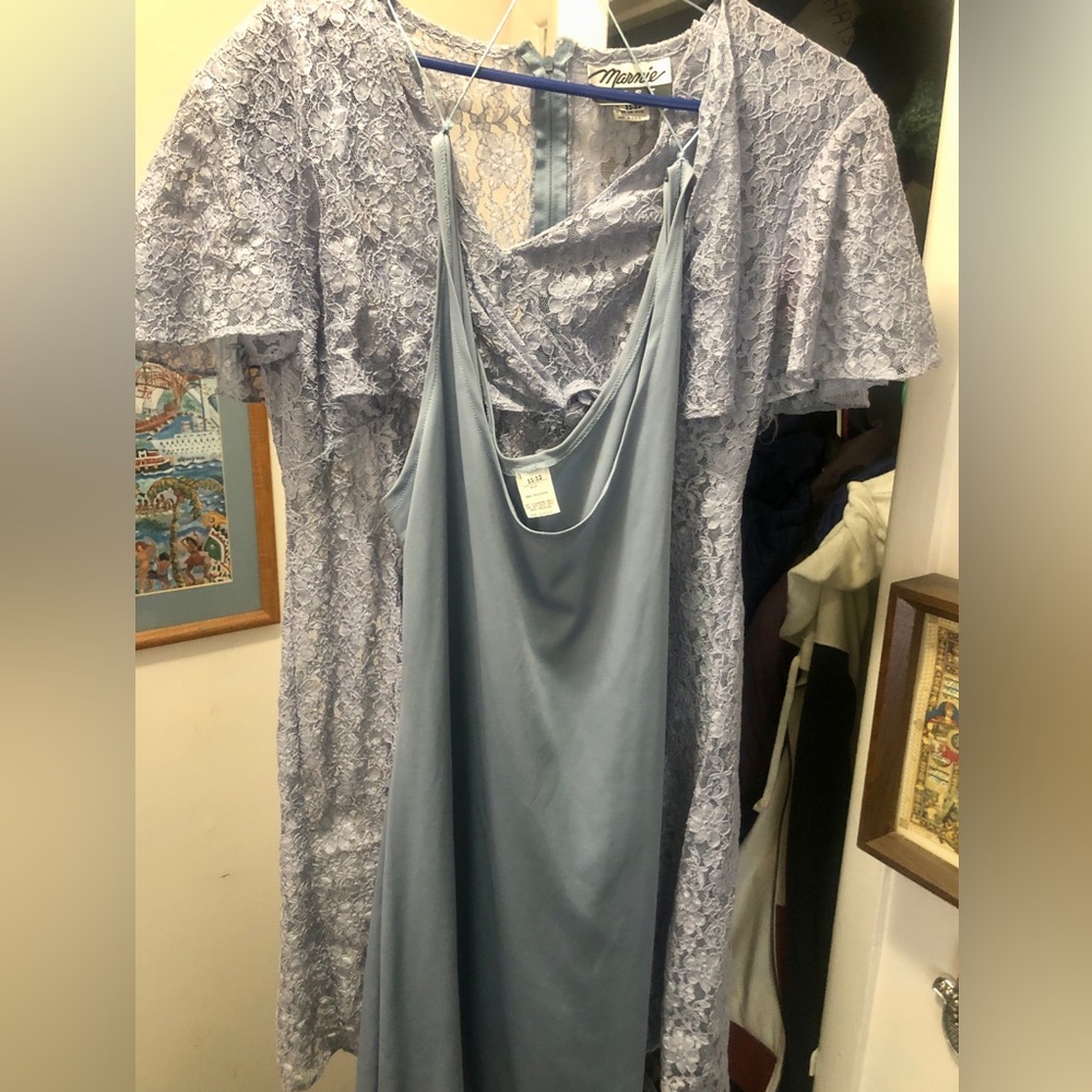 Marmie West Short Lace Nylon Blue Cocktail Dress With Blue Slip Size 11-12